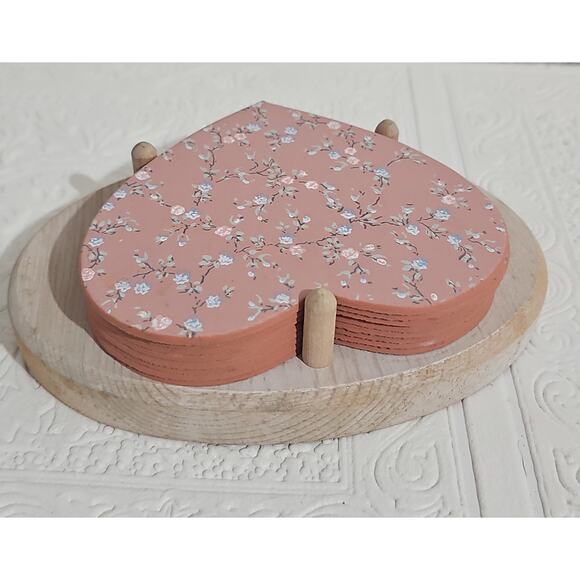 Coaster Set Homewarmers By Valorie Hearts with Wood Base Cottagecore Shabby Chic - Picture 5 of 10